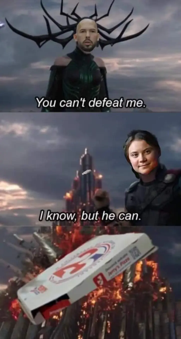 This meme is a humorous exchange between two characters from the Marvel movie "Thor: Ragnarok". The top image shows Thor (played by Chris Hemsworth) saying "You're not worthy" to a Hulk-like Thor, while the bottom image shows Thor's wife, Jane, saying "I know, but he can". The meme is accompanied by a picture of a pizza box with a destroyed city in the background, implying that Thor's wife is accepting of his destruction of the city.